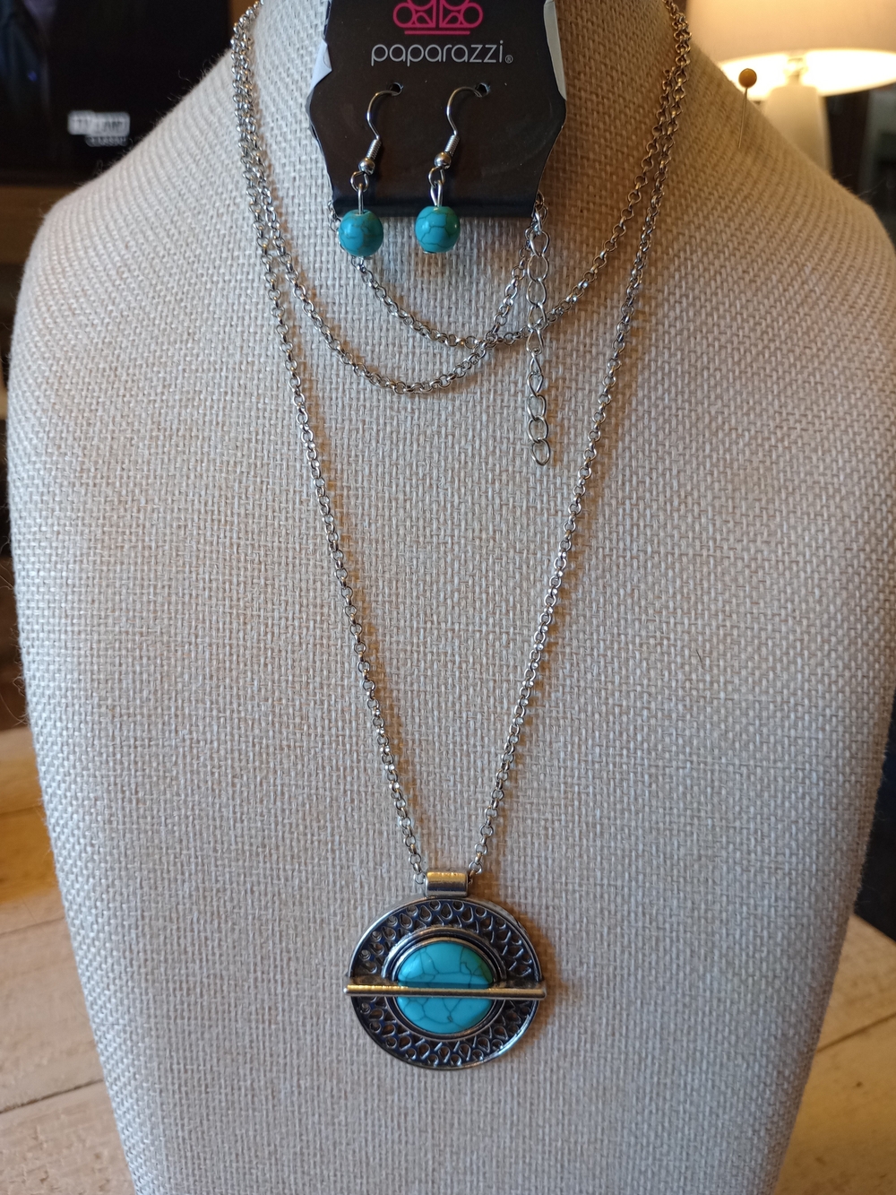 paparazzi Silver-Tone Layered Necklace with Turquoise Bead Pendant & Earrings